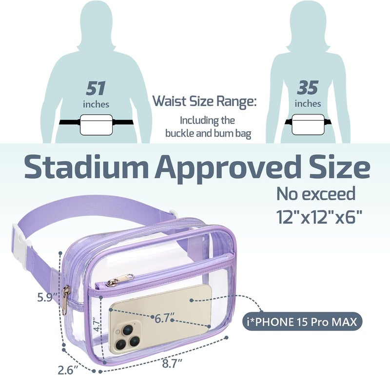 Veckle Clear Fanny Pack - Plus Size Only 35" - 51" Stadiuim Approved Clear Belt Bag for Women Transparent Waist Bag Crossbody for Sports Events, Concerts, Purple - Image 4